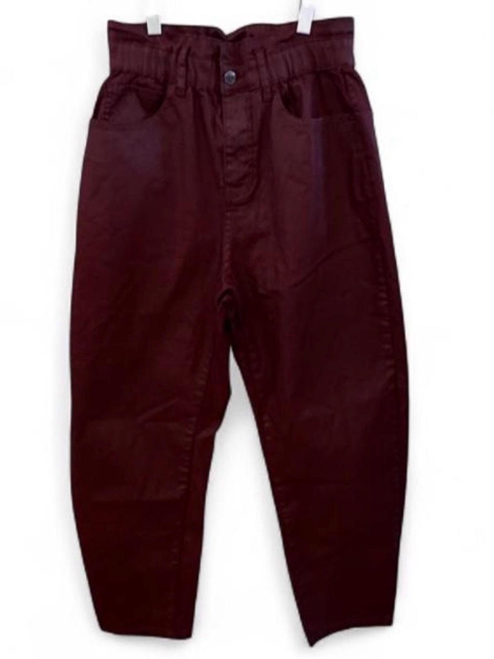 Zara Denim Burgundy Wax Coated Paperbag Jeans High Rise Tapered EUC